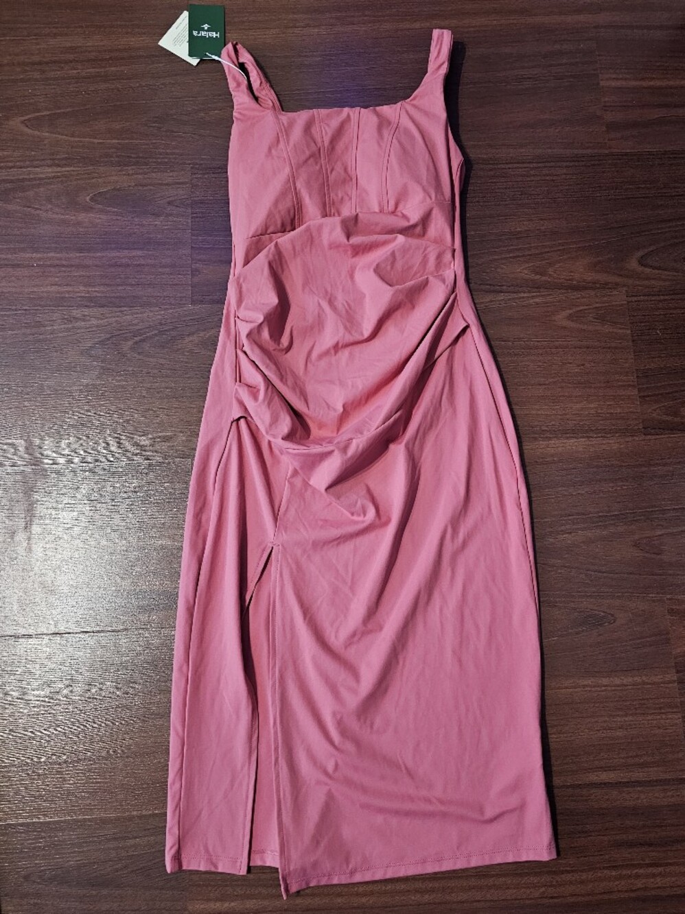 HALARA Dusty Rose Ruched Square-Neck Midi Dress